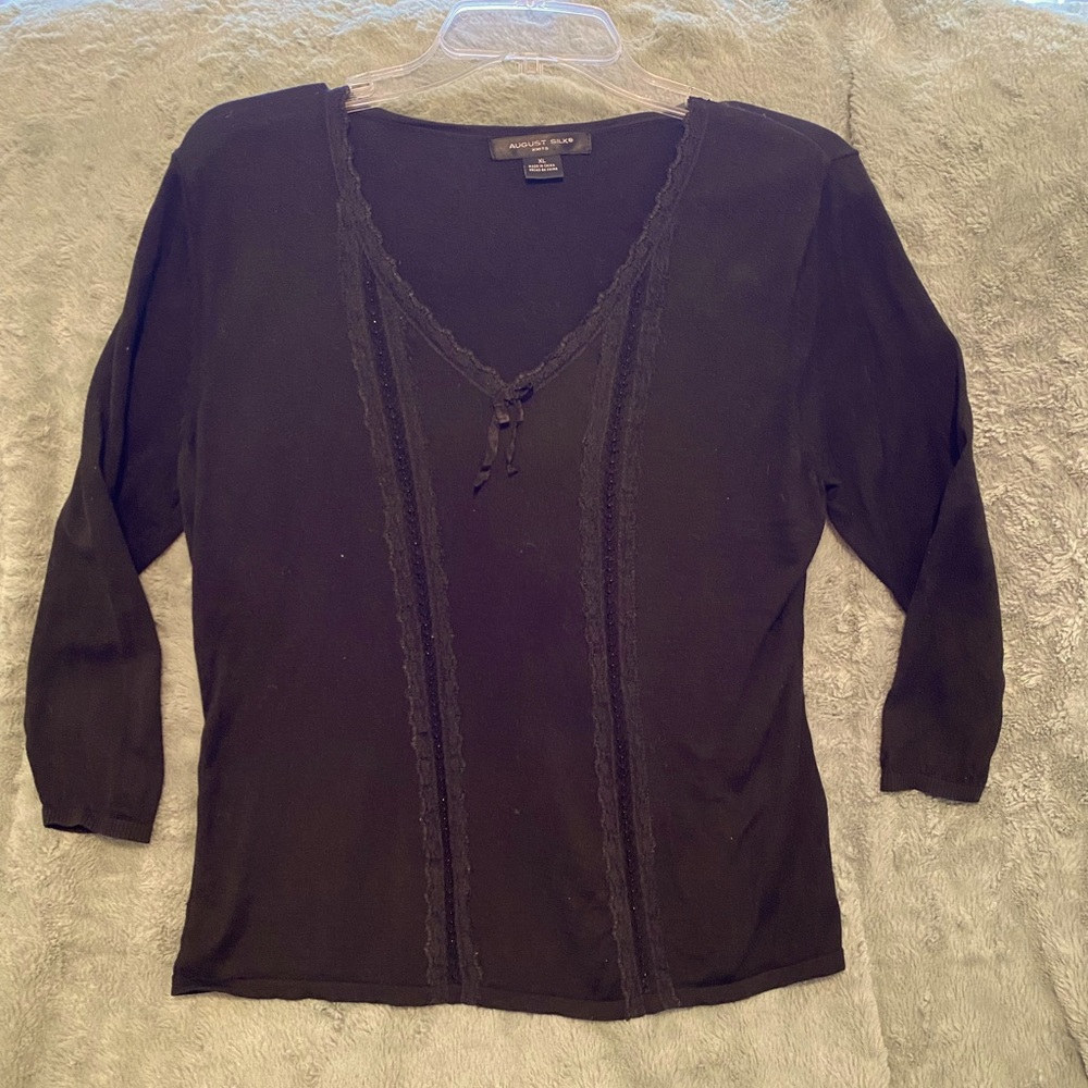 August Silk ladies sweater. V-neck with ribbon threaded down front